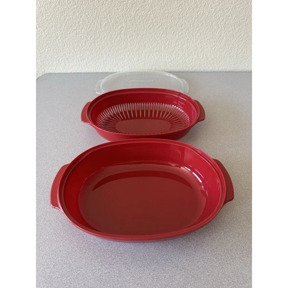 KitchenAid Red Microwave Steamer Cooker 3 Piece Set w/ Lid & Basket 13.5”